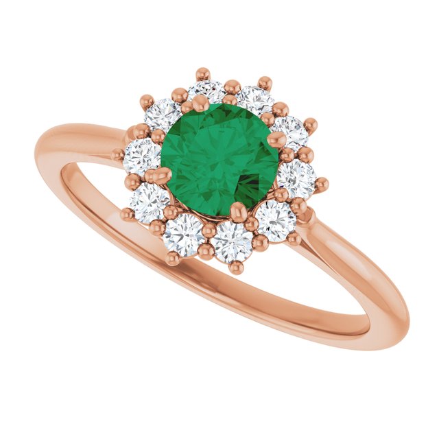 Round Lab-Grown Emerald & Diamond Halo Ring in Rose Gold