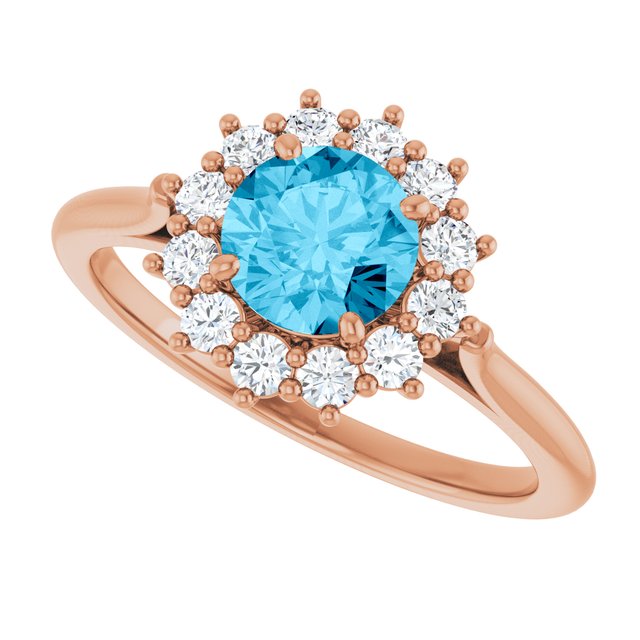 Round Aquamarine Halo Ring with Diamond Accents in Rose Gold