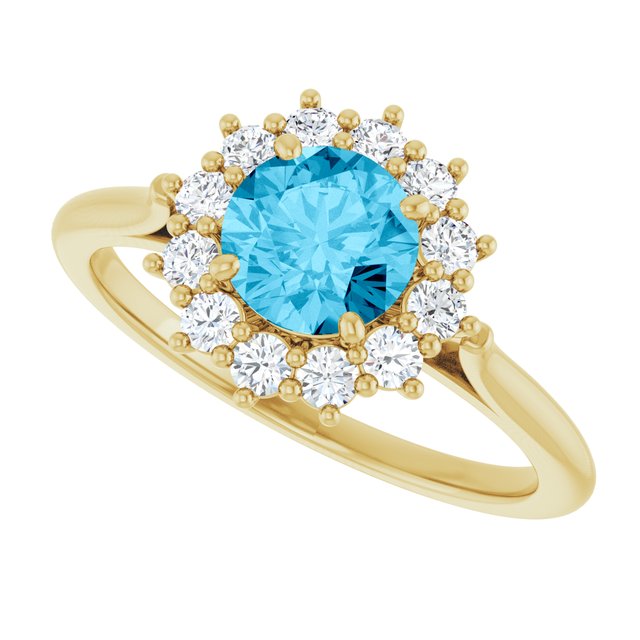Round Aquamarine & Diamond Halo Ring in Gold and Platinum