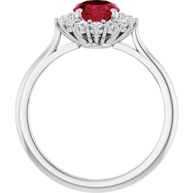 Oval Lab-Grown Ruby Halo Ring with Diamond Accents in Gold