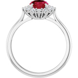 Oval Lab-Grown Ruby Halo Ring with Diamond Accents in Gold