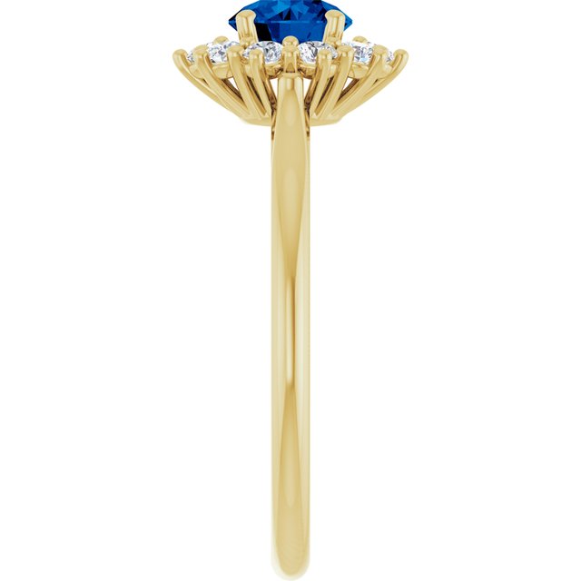 Round Lab-Grown Blue Sapphire & Diamond Halo Ring in Yellow Gold