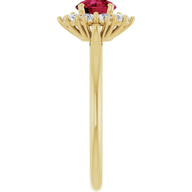 Round Lab-Grown Ruby Halo Ring with Diamond Accents in Yellow Gold