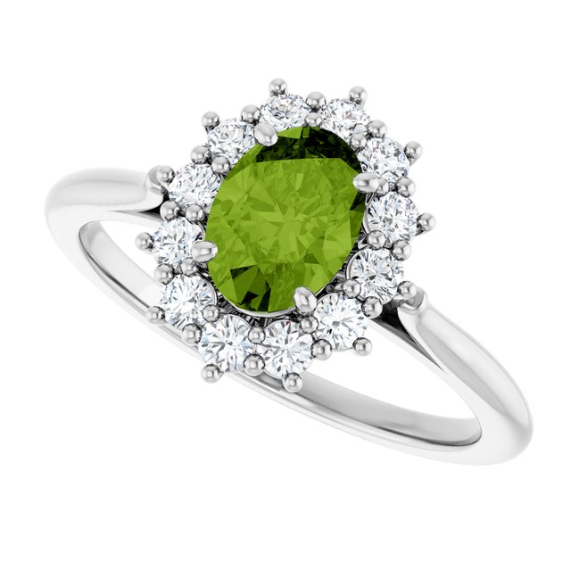 Oval Peridot Halo Ring with Diamond Accents in Gold and Platinum