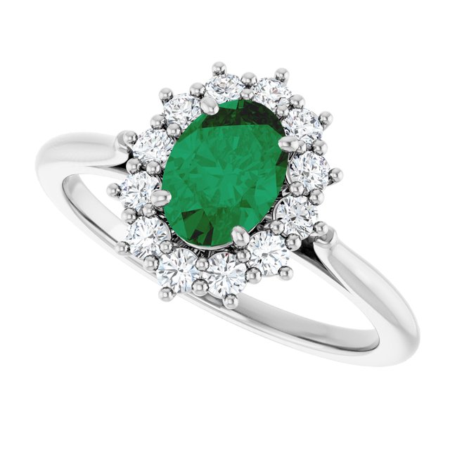 Oval Lab-Grown Emerald & Diamond Halo Ring in Gold and Platinum