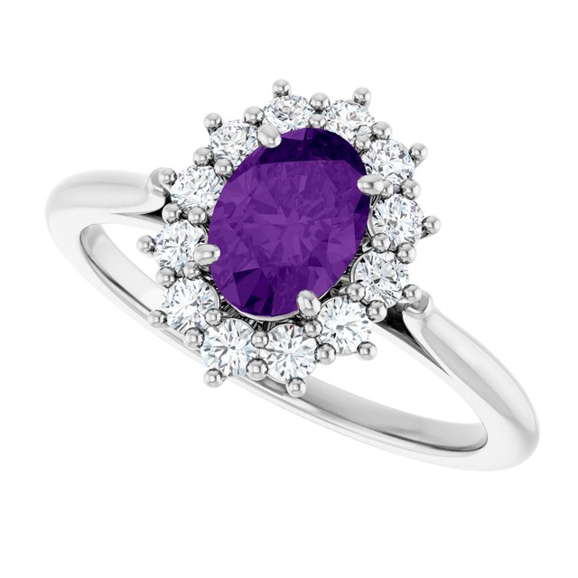 Oval Amethyst Halo Ring with Diamond Accents in Gold and Platinum