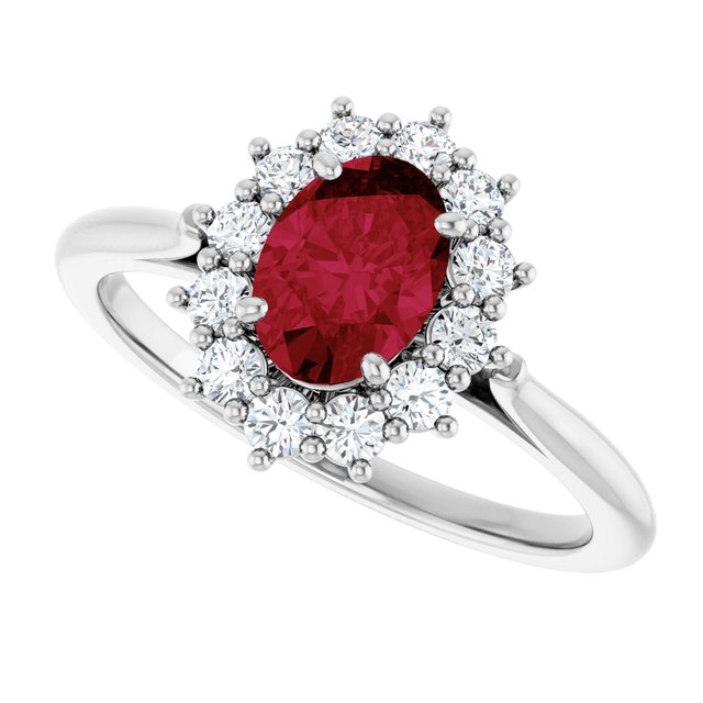 Oval Lab-Grown Ruby & Diamond Halo Ring in Gold and Platinum