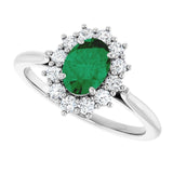 Oval Lab-Grown Emerald & Diamond Halo Ring in Gold and Platinum