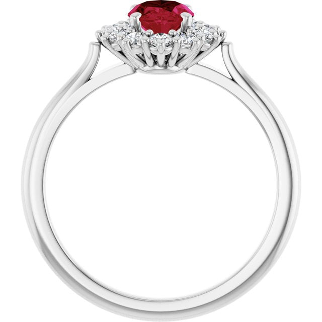Oval Lab-Grown Ruby & Diamond Halo Ring in Gold and Platinum