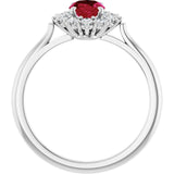 Oval Lab-Grown Ruby & Diamond Halo Ring in Gold and Platinum