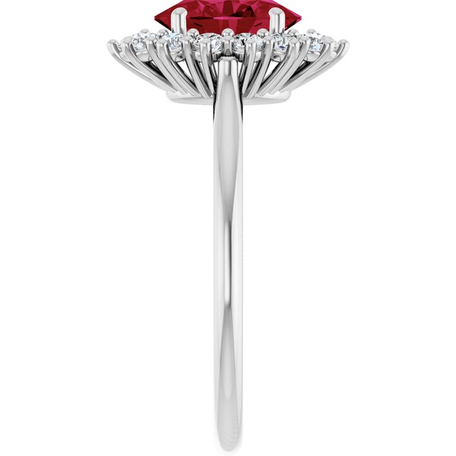 Oval Lab-Grown Ruby Halo Ring with Diamond Accents in Gold