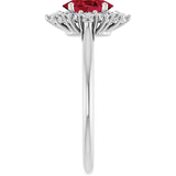 Oval Lab-Grown Ruby & Diamond Halo Ring in Gold and Platinum