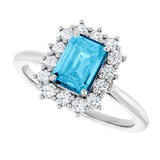 Emerald Aquamarine & Diamond Halo Ring in Gold and Platinum