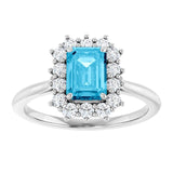 Emerald Aquamarine & Diamond Halo Ring in Gold and Platinum