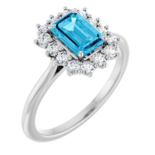 Emerald Aquamarine & Diamond Halo Ring in Gold and Platinum