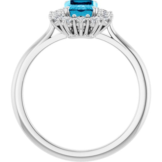 Emerald Aquamarine & Diamond Halo Ring in Gold and Platinum
