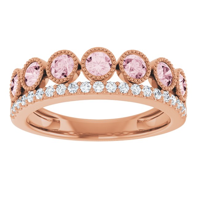 Round Pink Mandganite & Diamond Stackable Ring in Rose Gold