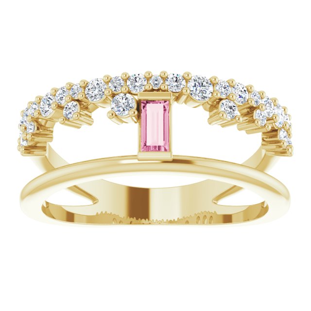 Straight Baguette Pink Tourmaline & Diamond Ring in Yellow Gold