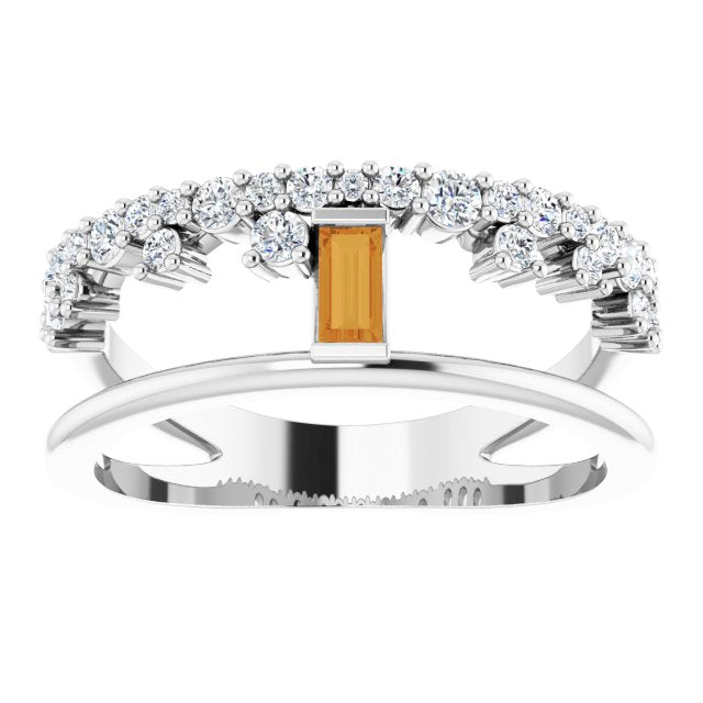 Straight Baguette Citrine & Diamond Ring in White Gold