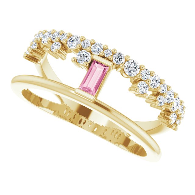 Straight Baguette Pink Tourmaline & Diamond Ring in Yellow Gold