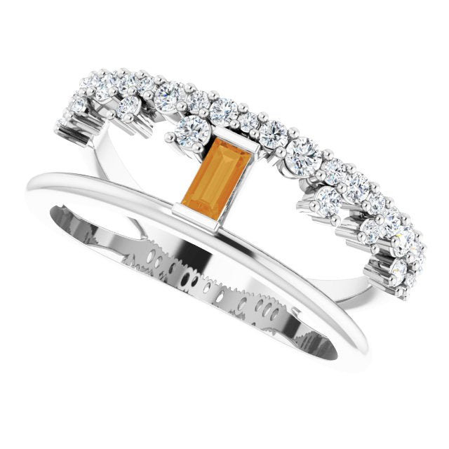 Straight Baguette Citrine & Diamond Negative Space Ring in Platinum