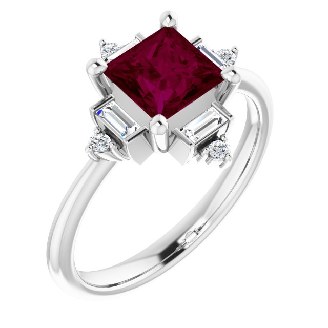 Square Rhodolite Garnet Accented Ring with Diamond Accents in Platinum
