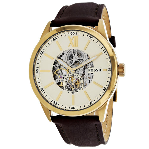 Fossil Men’s Flynn Automatic Watch, Gold Dial & Leather Strap