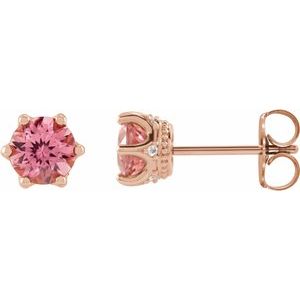 Pink Tourmaline & Diamond Round Crown Stud Earrings in Gold and Platinum