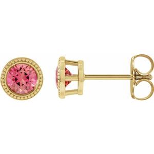 Pink Tourmaline Round Bezel-Set Stud Earrings in Gold and Platinum