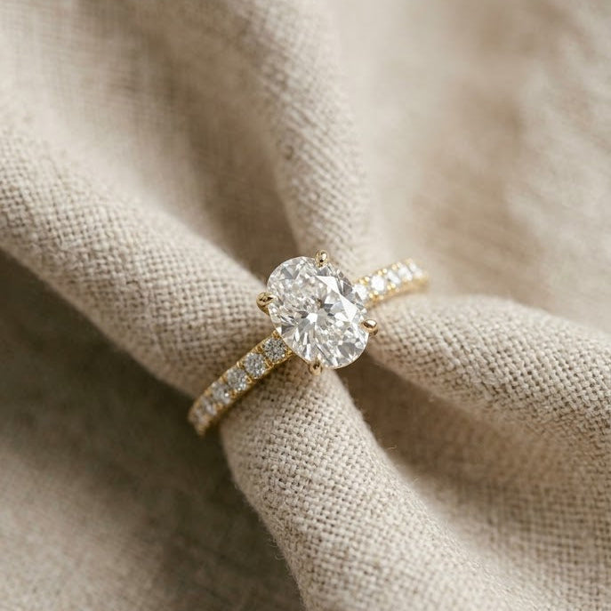 Oval 2.00ct Hidden Halo Lab Diamond Engagement Ring With Side Stones in 18K Gold