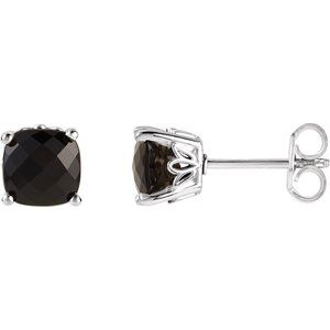 Black Onyx Cushion Stud Earrings in Gold and Platinum