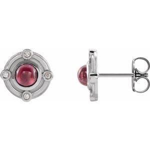 Rhodolite Garnet & Diamond Round Stud Earrings in Gold and Platinum