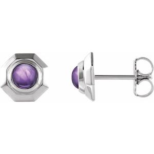 Amethyst Round Geometric Stud Earrings in Gold and Platinum