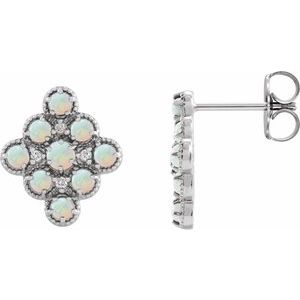 Ethiopian Opal & Diamond Round Geometric Stud Earrings in Gold and Platinum