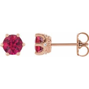 Ruby & Diamond Round Crown Stud Earrings in Gold and Platinum