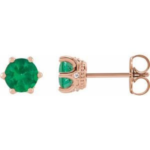 Emerald & Diamond Round Crown Stud Earrings in Gold and Platinum