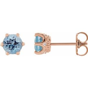 Aquamarine & Diamond Round Crown Stud Earrings in Gold and Platinum