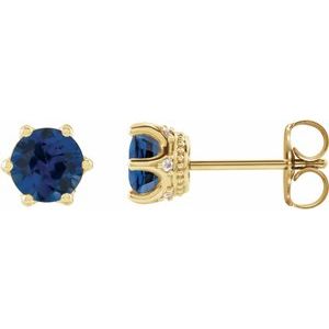 Blue Sapphire & Diamond Round Crown Stud Earrings in Gold and Platinum