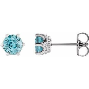 Blue Zircon & Diamond Round Crown Stud Earrings in Gold and Platinum