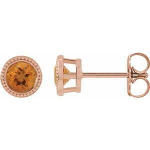 Citrine Round Bezel-Set Stud Earrings in Gold and Platinum