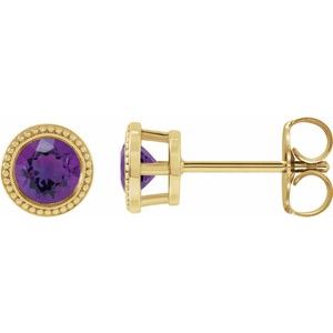 Amethyst Round Bezel-Set Stud Earrings in Gold and Platinum
