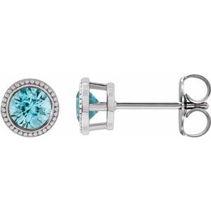 Blue Zircon Round Bezel-Set Stud Earrings in Gold and Platinum