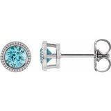 Blue Zircon Round Bezel-Set Stud Earrings in Gold and Platinum