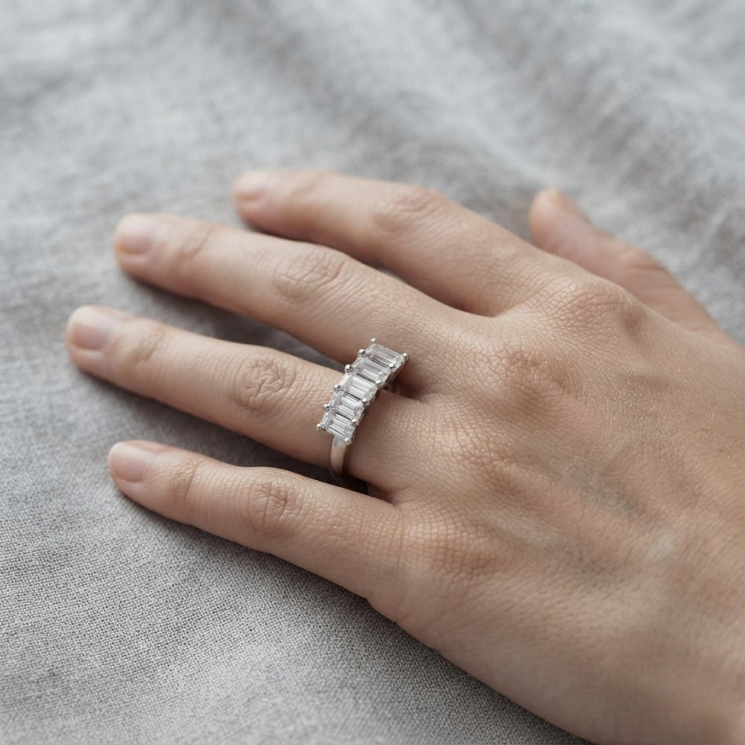 Lab-Grown Diamond Prong Emerald Cut 5-Stone Diamond Ring, DE Color VVS Clarity