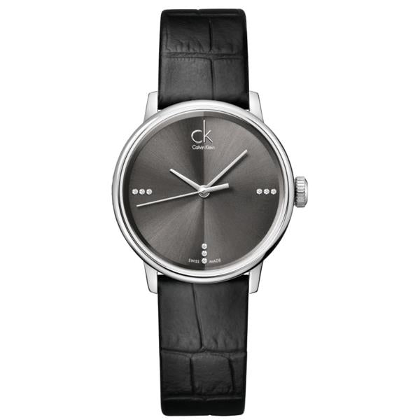 Calvin Klein  Accent Diamonds Leather Strap Grey Women's Watch