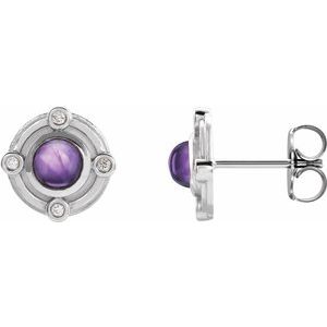 Amethyst & Diamond Round Stud Earrings in Gold and Platinum