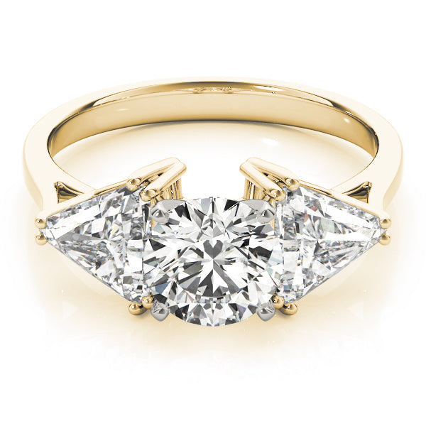 Gold ring with three diamond stones on a white background