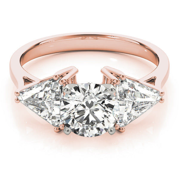 Rose gold ring with three diamond stones on a white background
