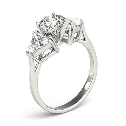 Diamond ring with three clear gemstones on a white background