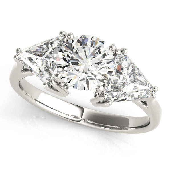 Diamond ring with two triangle-cut diamonds and a round center stone on a white background